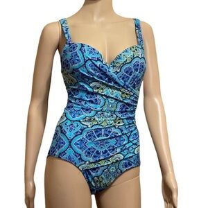 NWT St. John’s Bay Floral turquoise & blue one piece‎ bathing suit women size 8